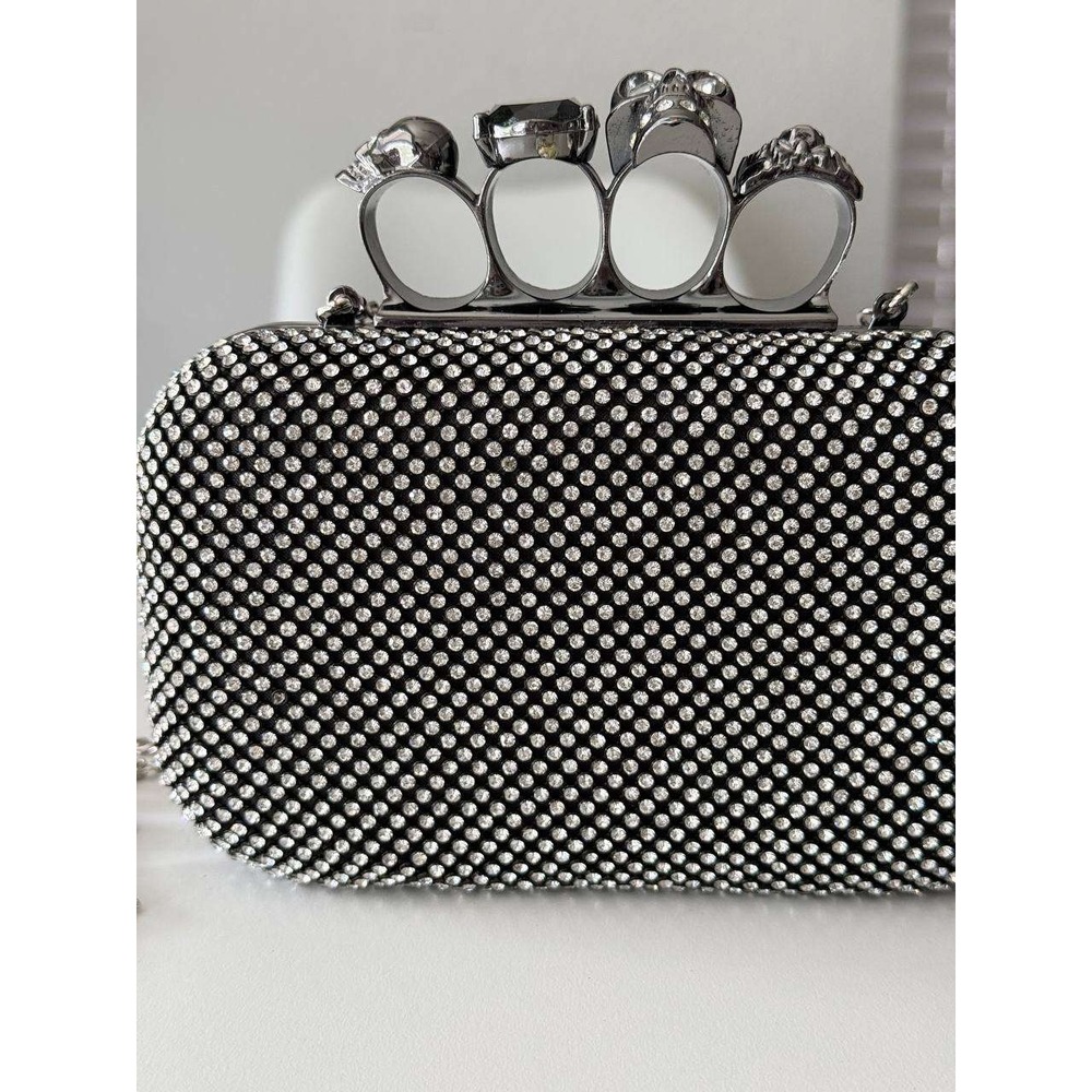 Skull Knuckle Duster Clutch Rhinestone Crystal Black Evening Bag Crossbody - Picture 4 of 6